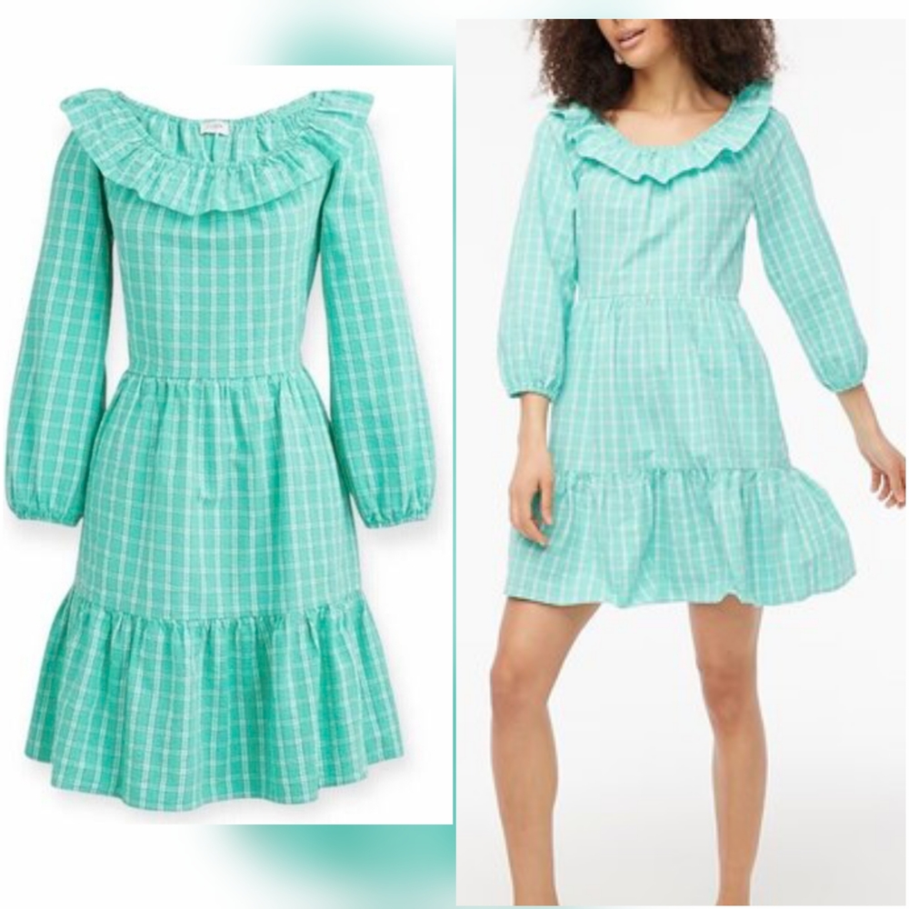 J.Crew Mini Dress Womens 6 Aqua Plaid Seersucker Ruffle Soft Girl Cottagecore